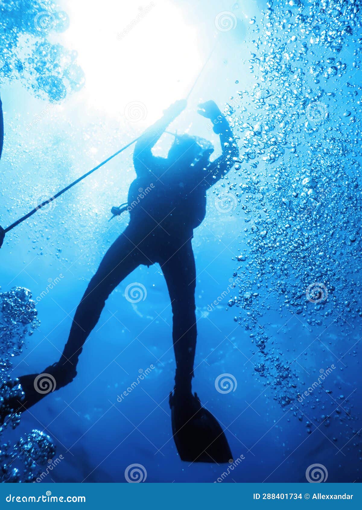 Scuba Diver at Safety Stop Underwater Bubbles Stock Photo Image of