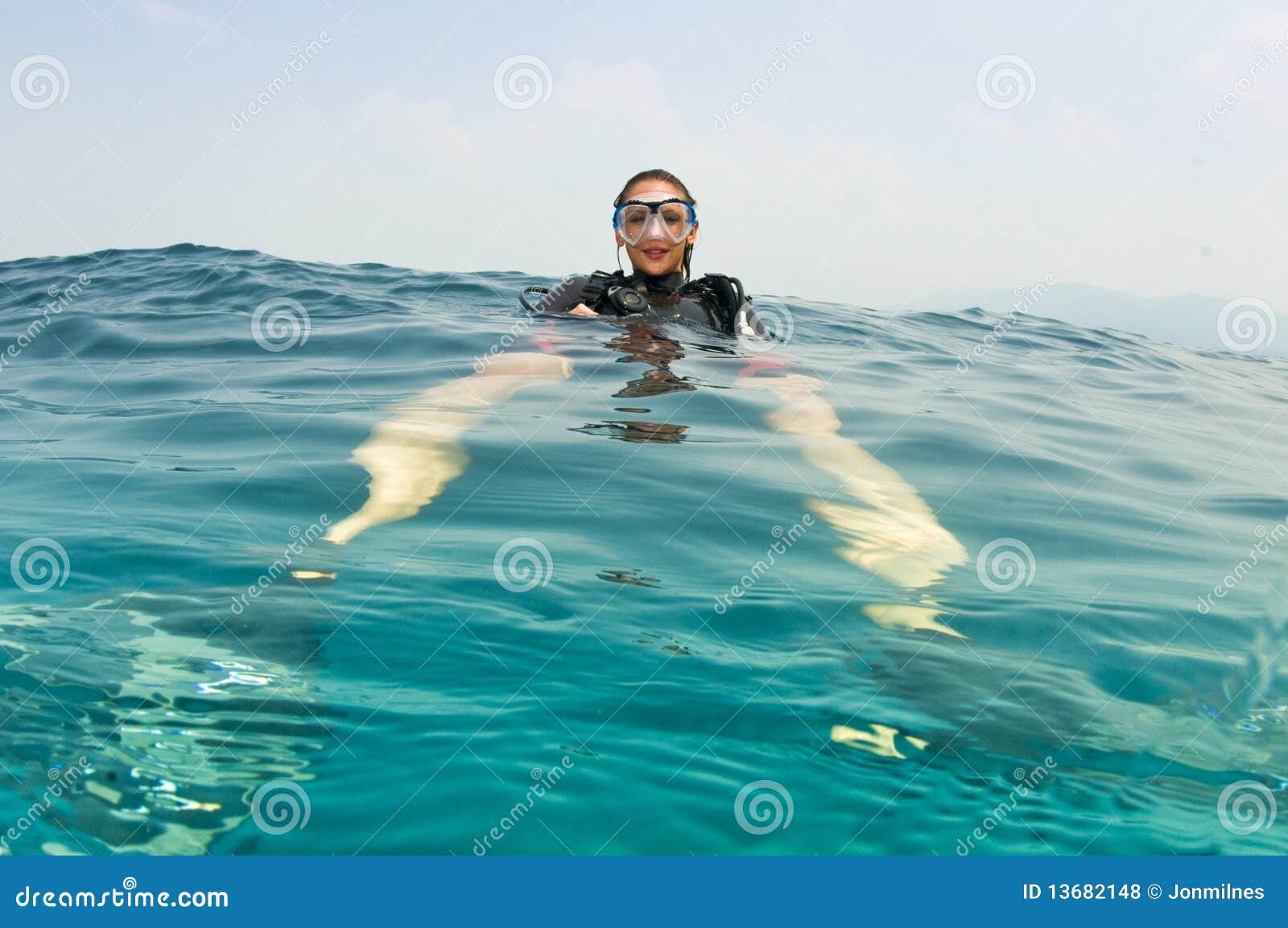 Scuba Diver on Surface before Dive Stock Photo Image of marine, girl
