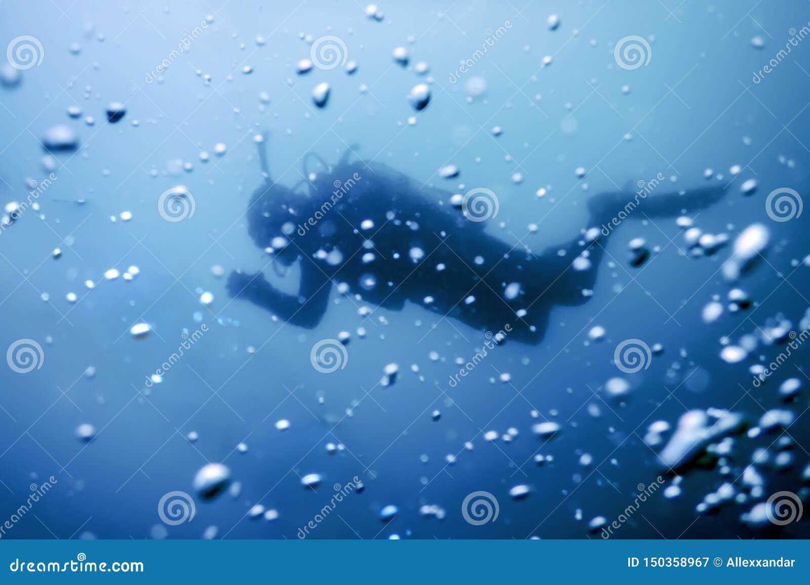 Scuba Diver Swimming on a Blue Water Air Bubbles Stock Image Image of