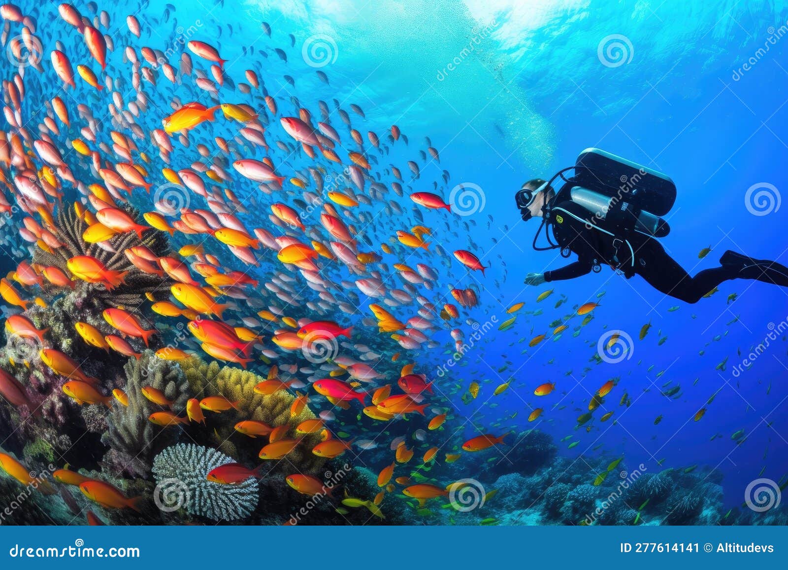 Scuba Diver Underwater with Schools of Colorful Fish Stock Illustration