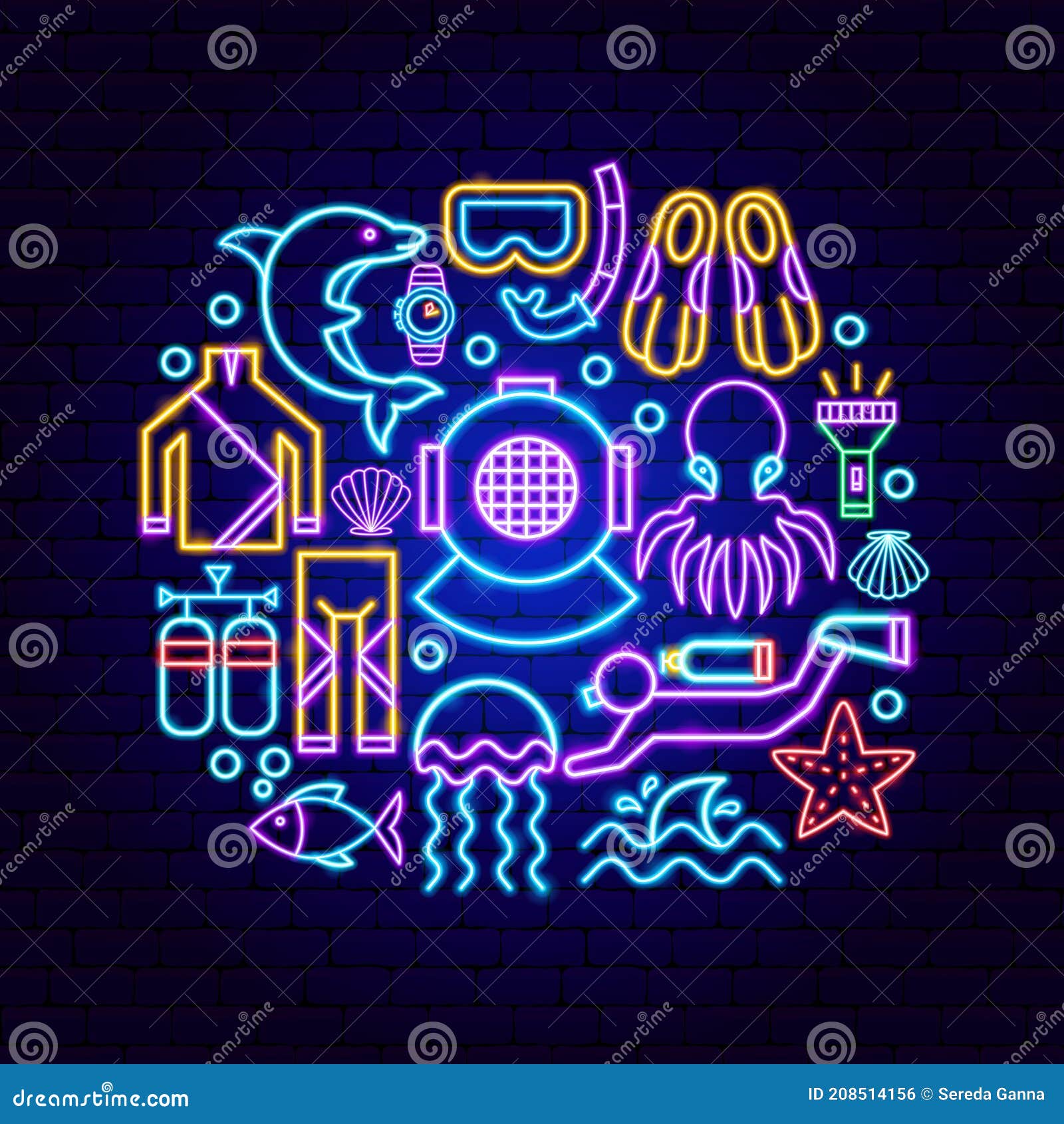 Scuba Diving Neon Concept stock vector. Illustration of snorkel 208514156