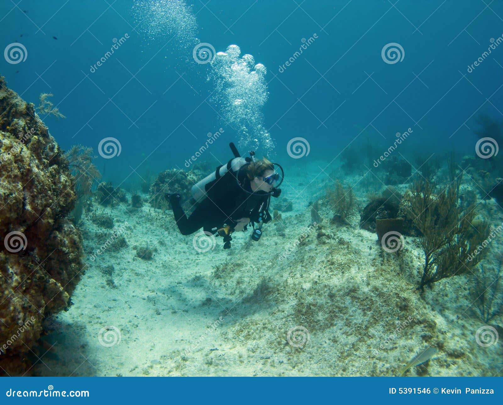 Scuba-duiker die over een Ertsader van het Eiland van de Kaaiman zwemt. De Scuba-duiker die van de vrouw over een Ertsader van het Eiland van de Kaaiman zwemt