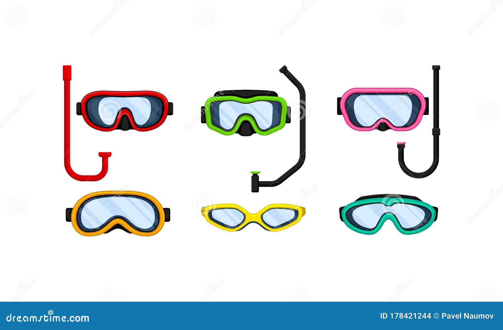 Scuba Goggles and Snorkel of Different Color and Shape Vector Set Stock ...