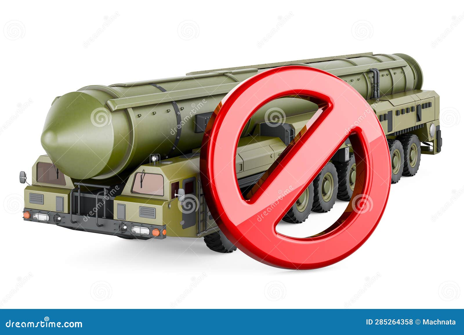 scud missile, mobile short-range ballistic missile system with prohibition sign. 3d rendering