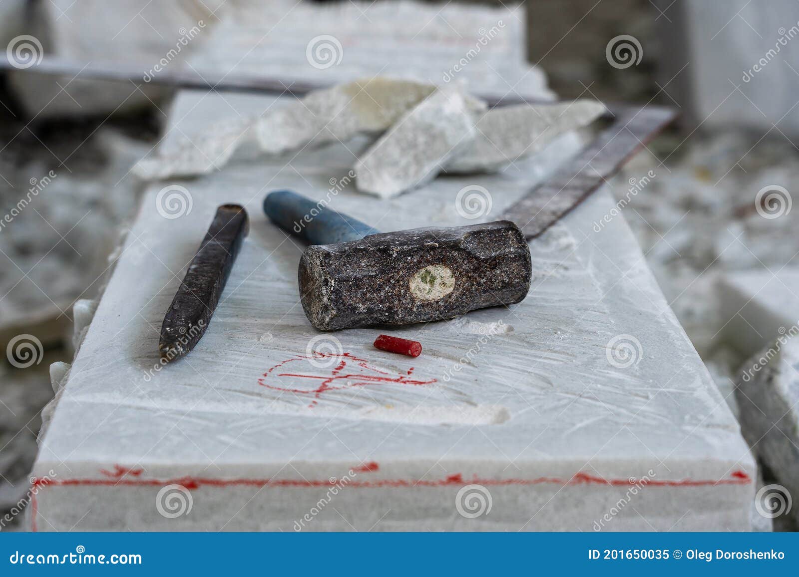 Sculptor Tools on a Marble Slab, Close Up. Workplace, Traditional Tools