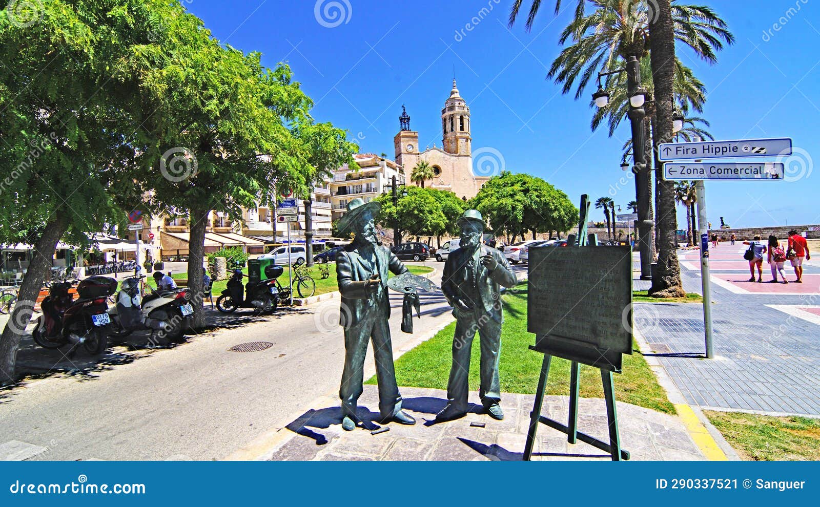 sculpture tribute to ramÃ³n casas and santiago rusiÃ±ol in a sitges garden, barcelona