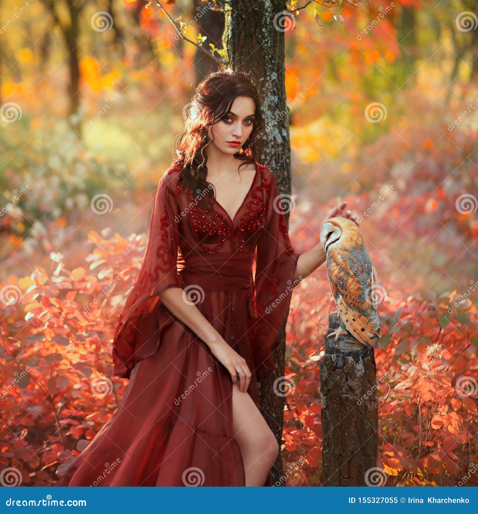 Señora En Un Rojo De Borgoña Del Verano Ligero Largo Con Una Pierna Abierta, Y La Lechuza Común Imagen de archivo - Imagen de hedwig, femenino: 155327055