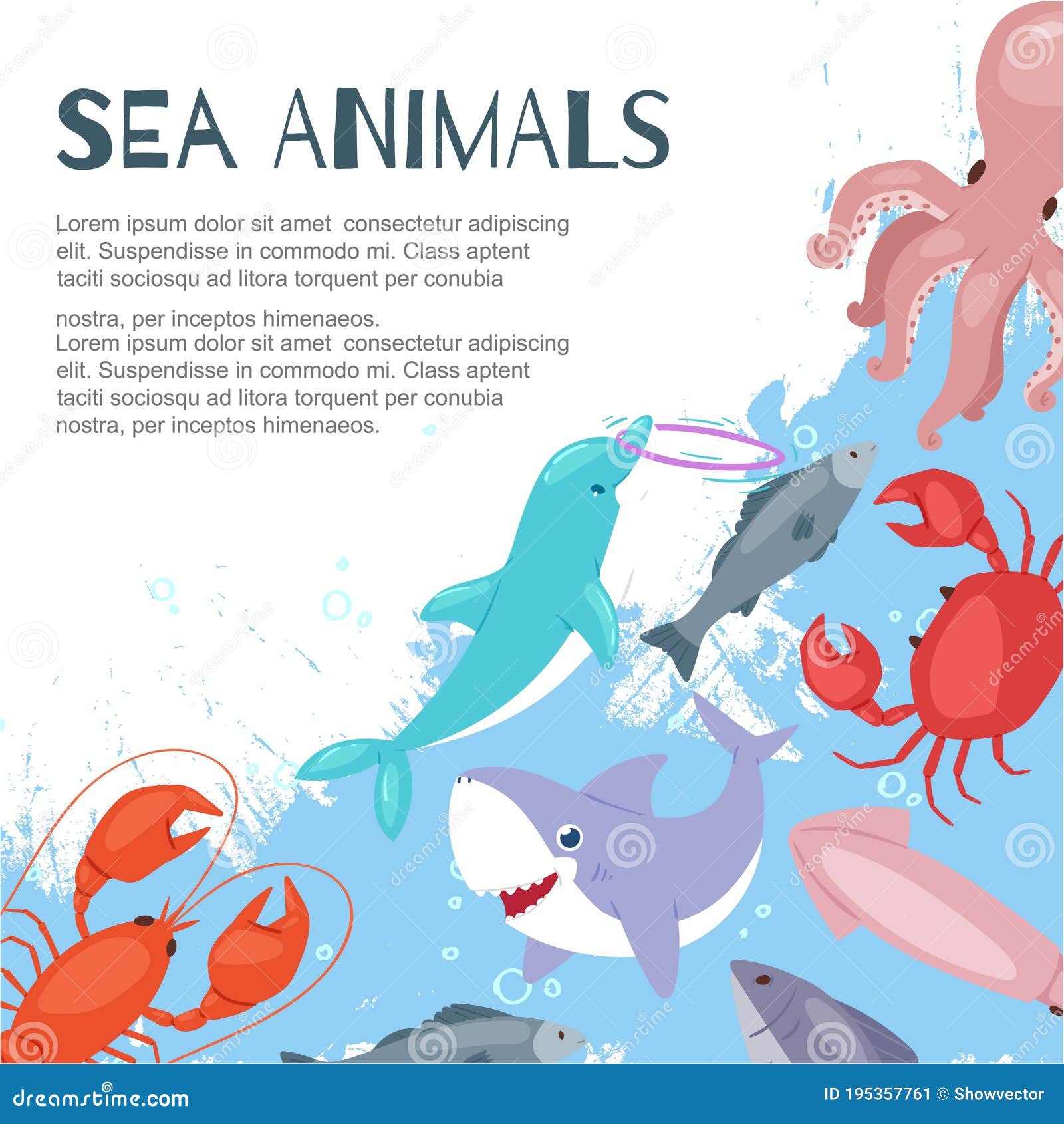 Sea Animals, Banner Inscription, Background Information, Ocean Marine  Nature, Design Cartoon Style Vector Illustration. Stock Vector -  Illustration of beach, drawing: 195357761