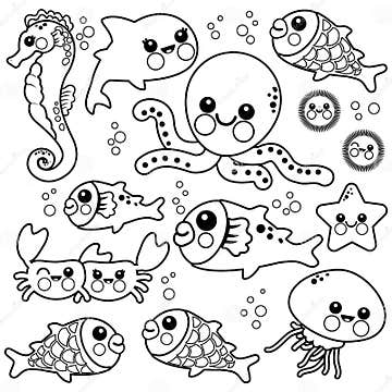 Sea Animals Swimming in the Sea. Vector Black and White Coloring Page ...