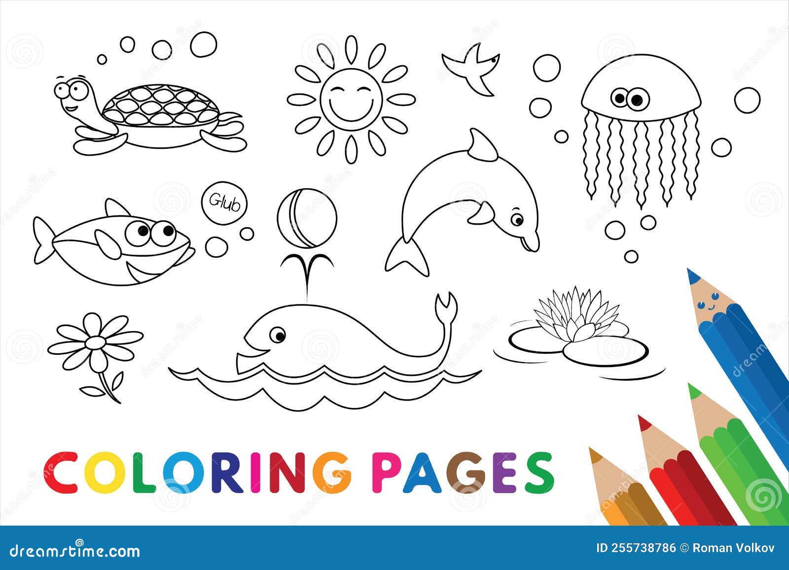 Sea Animals Coloring Book stock vector. Illustration of crayon - 255738786