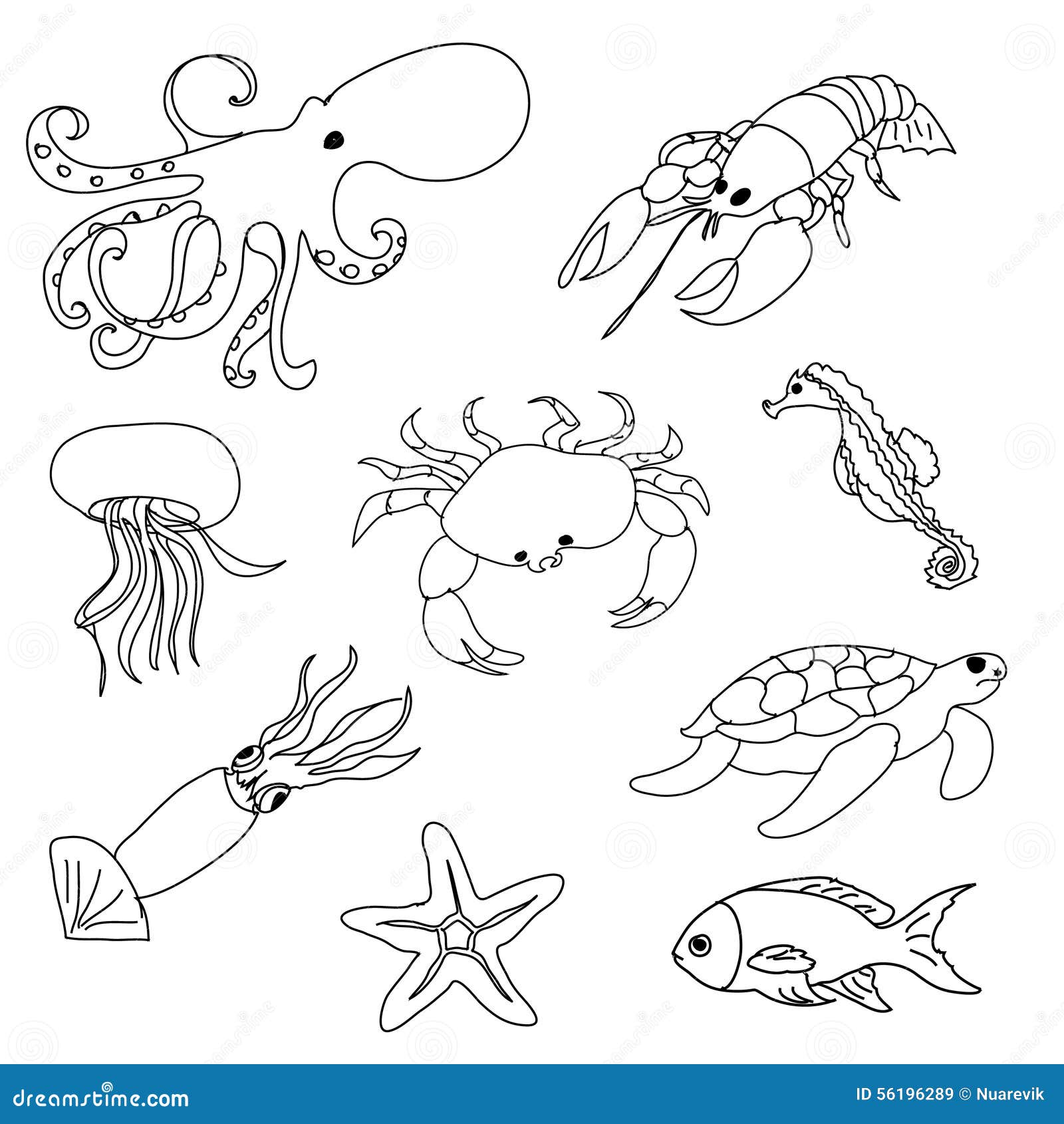 Coloring Book Sea Animals Set Cartoon Vector