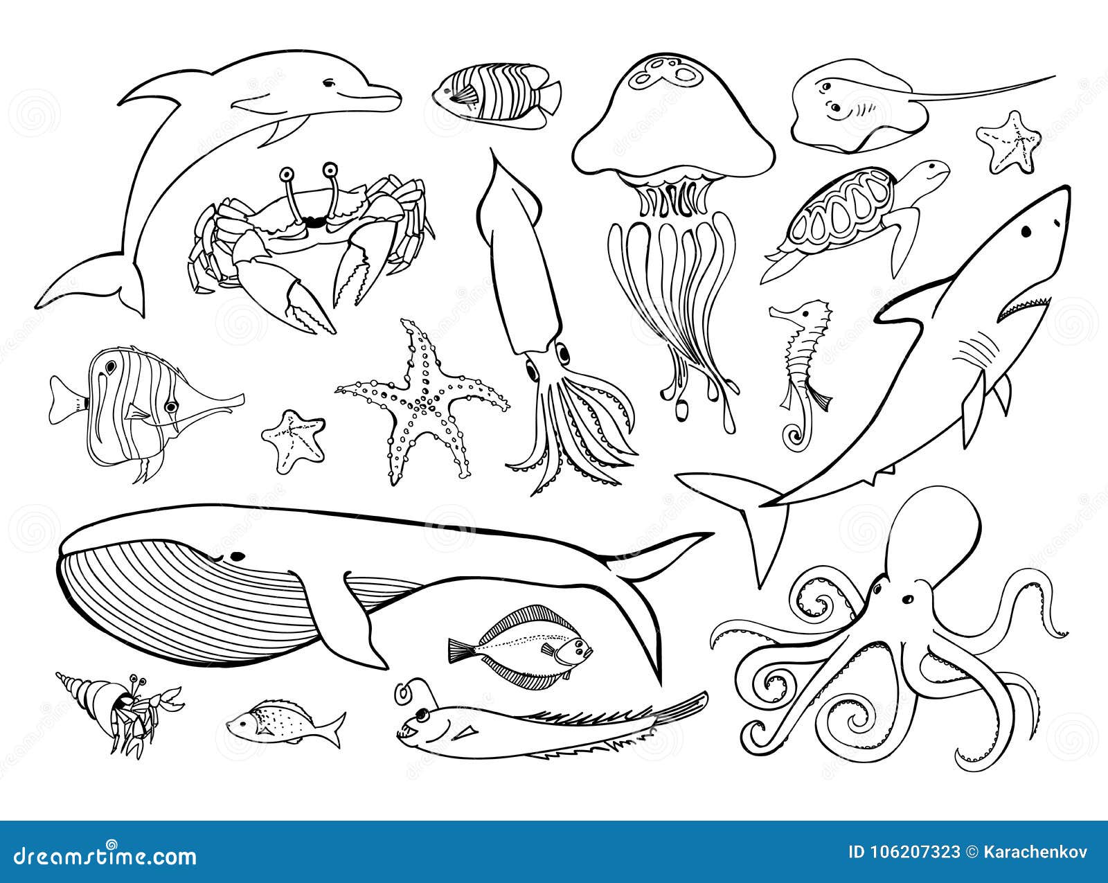 Sea Animals Line Icons Hand Drawn Set Stock Vector - Illustration ...