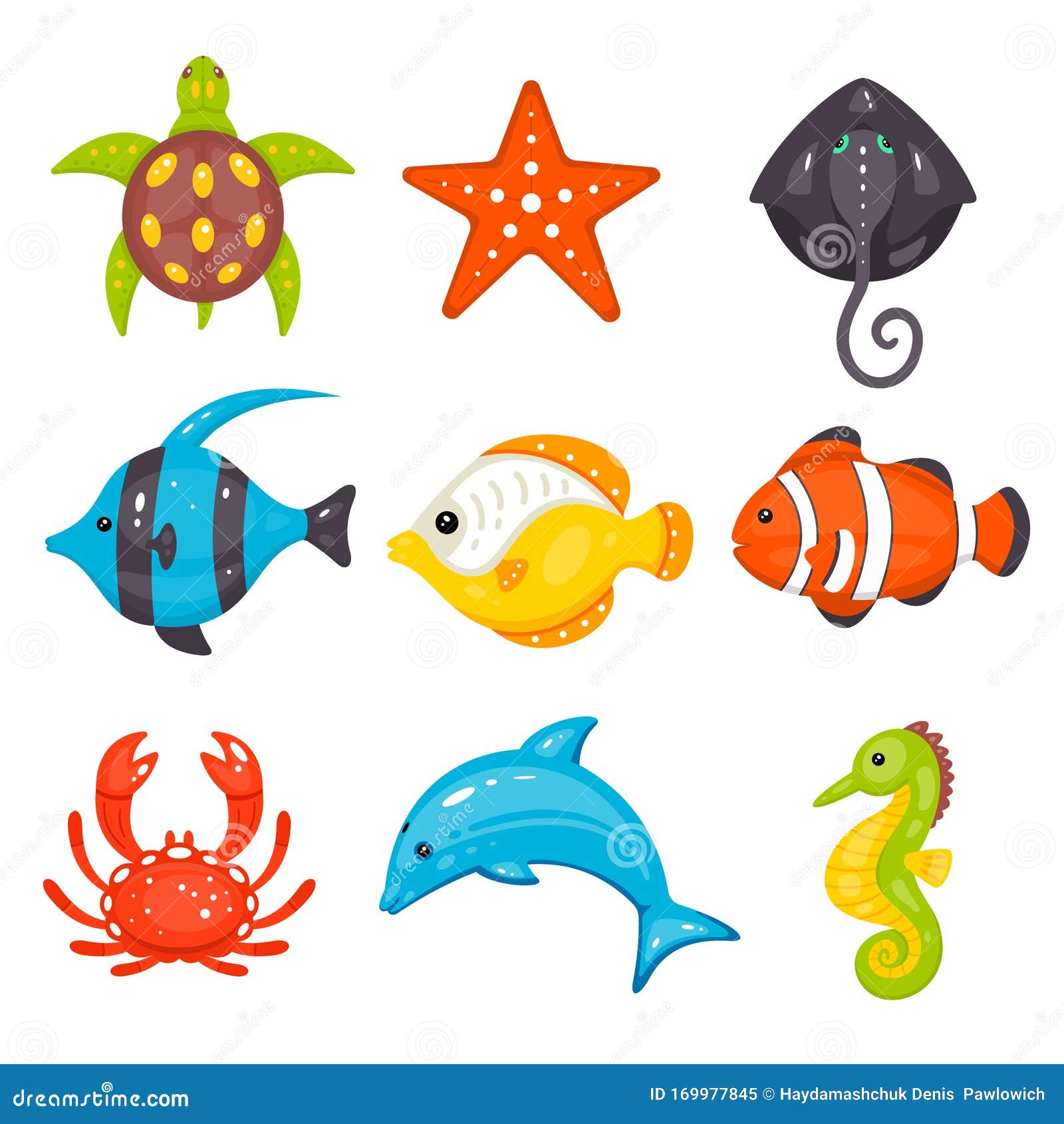 Sea Animals Vector Set In Cartoon Hand Drawn Style. Marine Life And ...