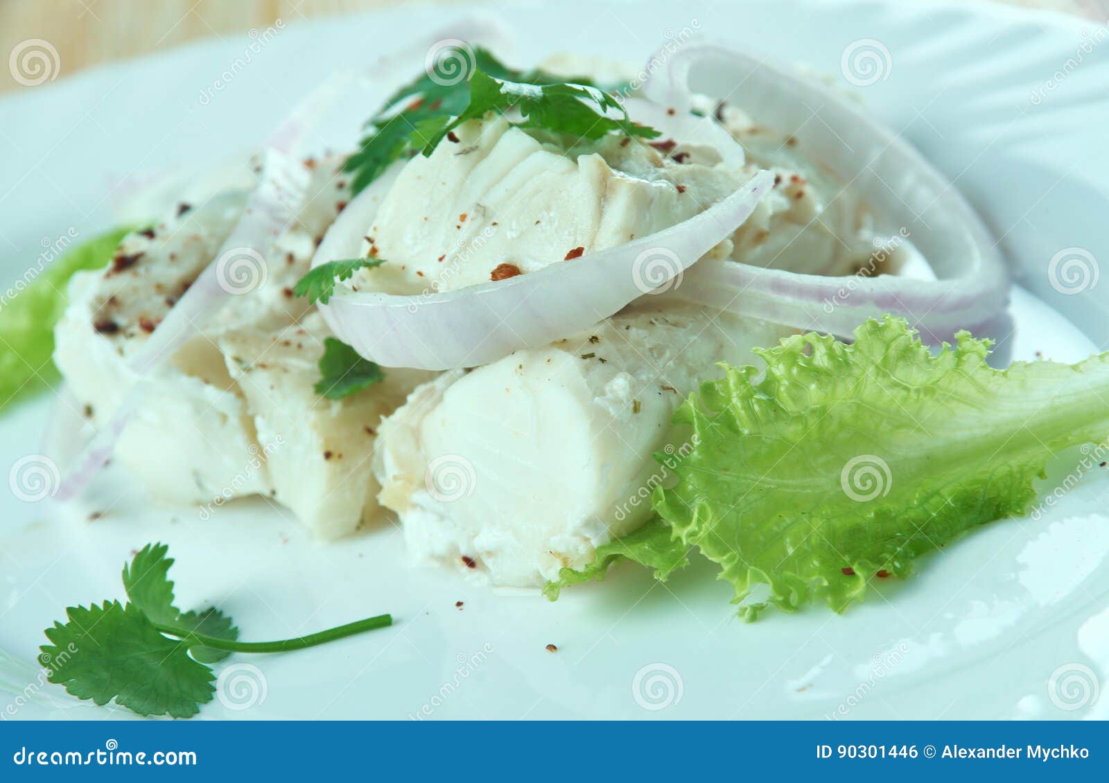 Sea Bass Ceviche With Ginger, Salmon Caviar, Mango Puree And Pes