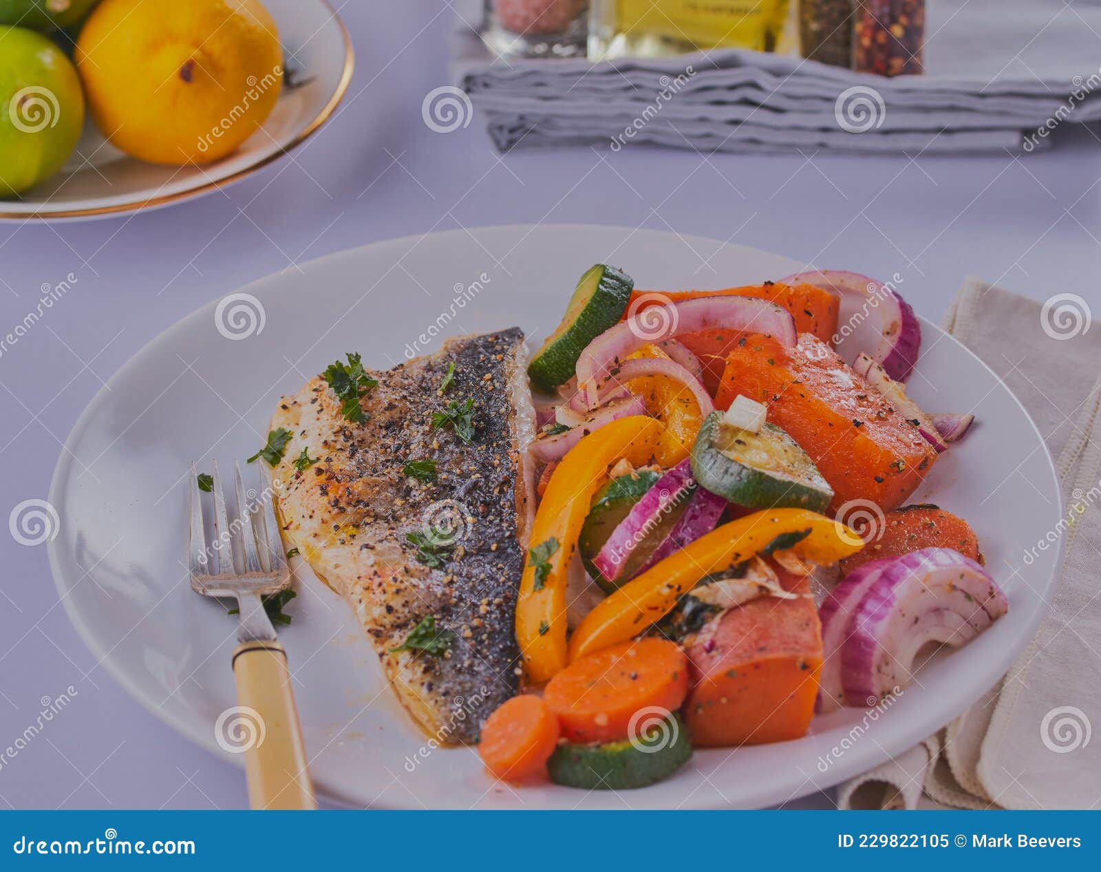 Sea bass and potato salad. stock image. Image of potato - 229822105