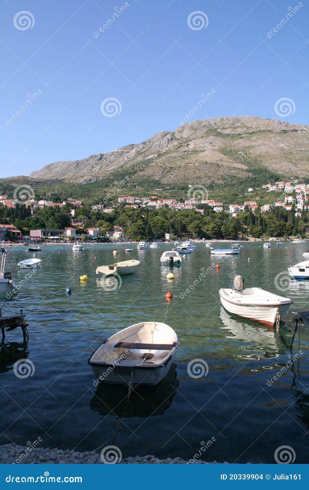 Sea and boats in Croatia. Boats parked by the shore in Croatia, Dubrovnik riviera.