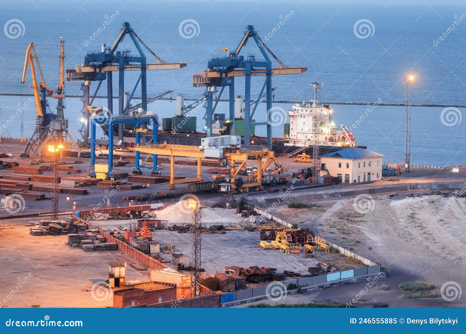 sea commercial port at night in mariupol, ukraine before the war
