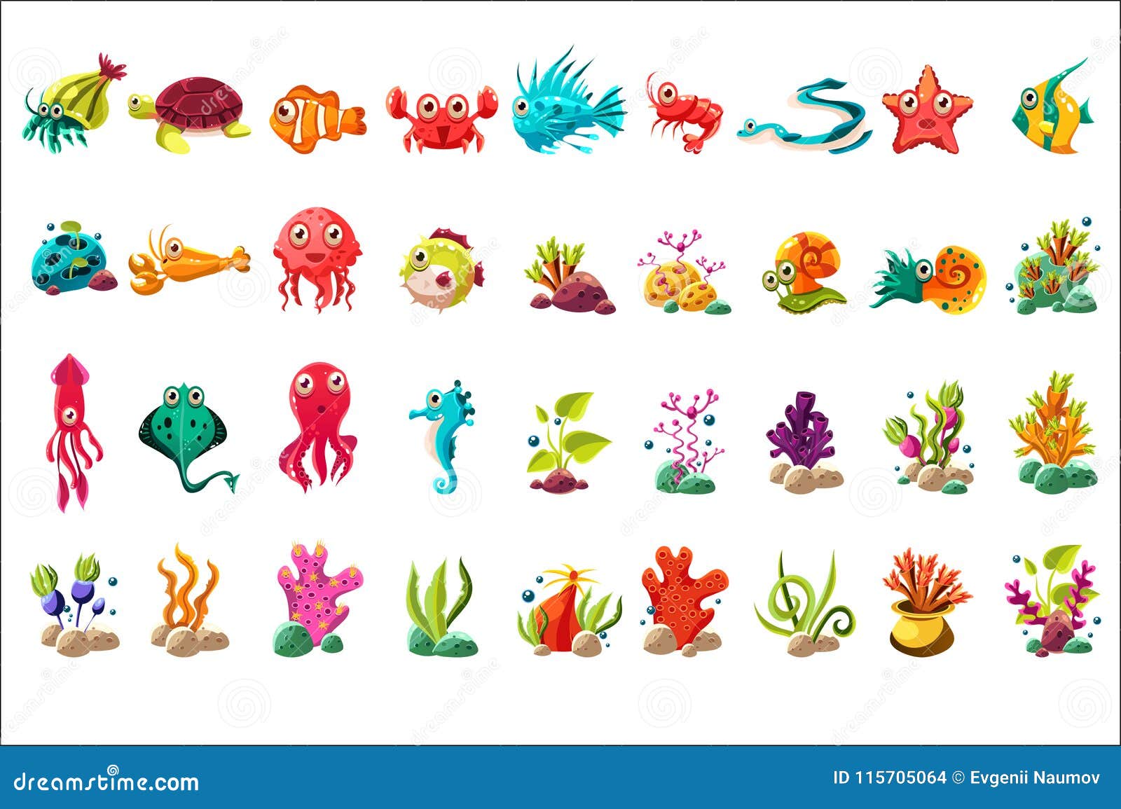 Sea Creature Big Set, Colorful Cartoon Ocean Animals, Plants and Fishes  Vector Illustrations on a White Background Stock Vector - Illustration of  collection, beach: 115705064