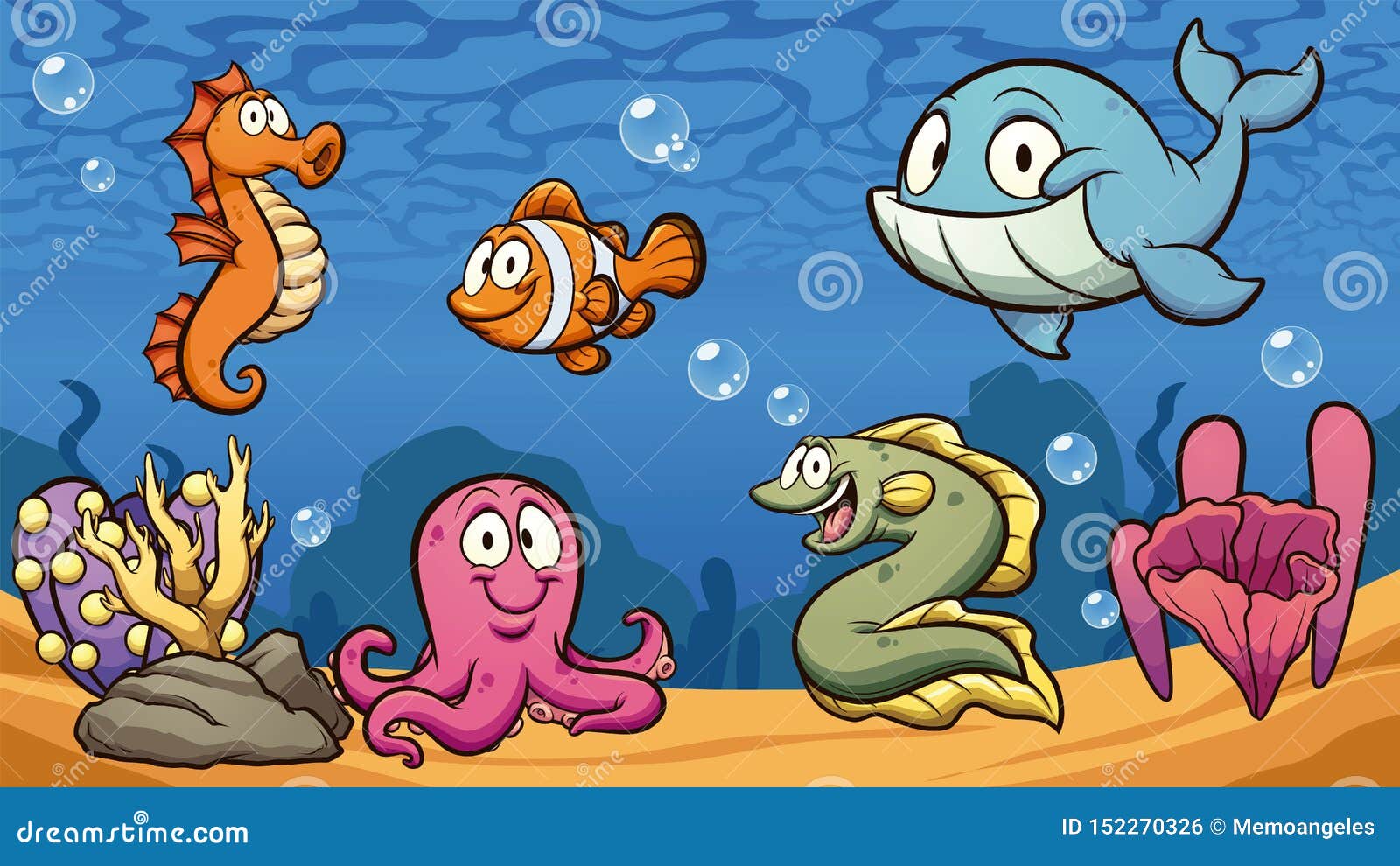 Happy Cartoon Sea Creatures with Background Stock Vector - Illustration of  elements, simple: 152270326