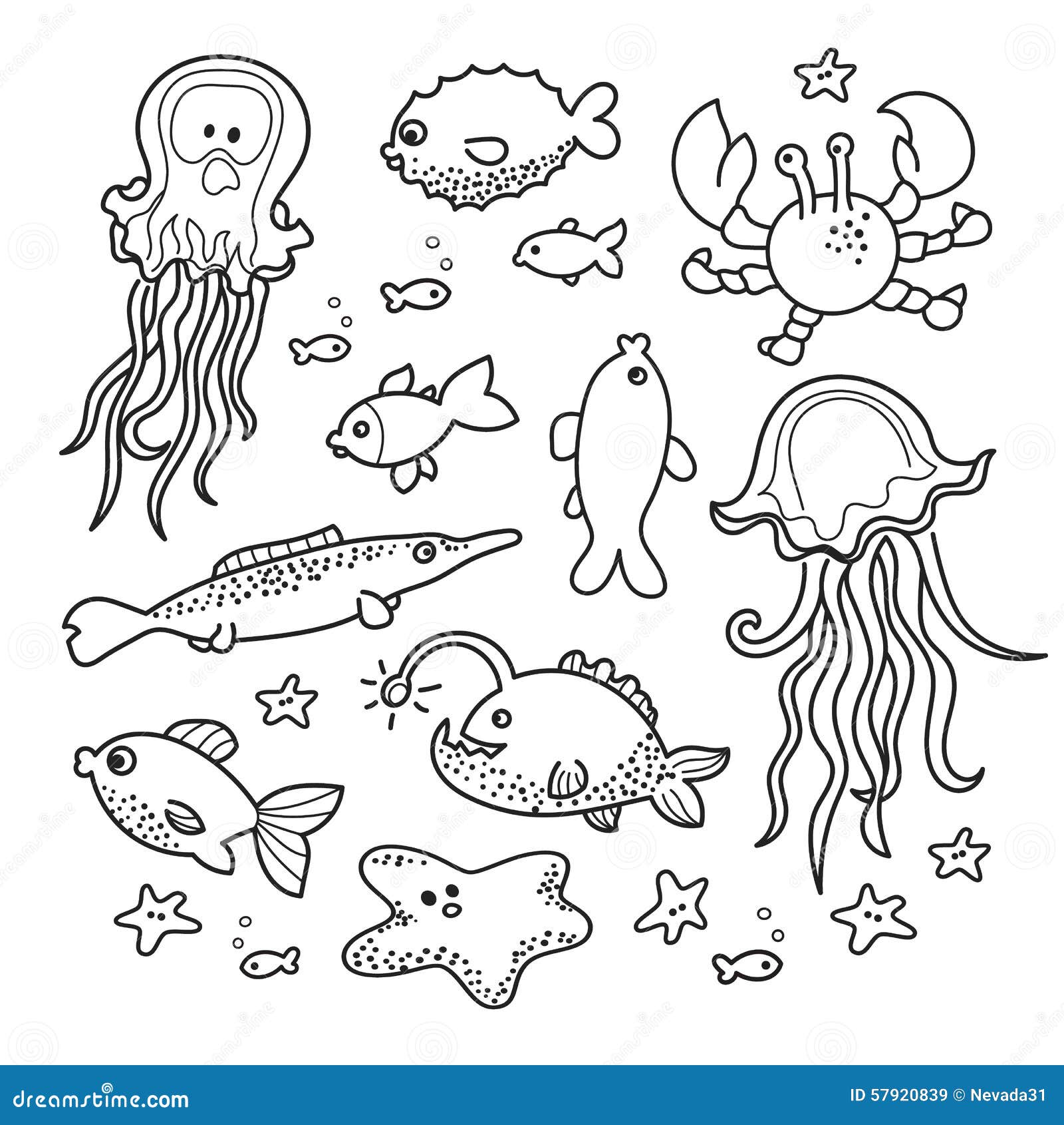Sea Creatures Doodle Collection Stock Illustration - Illustration of drawing,  fish: 57920839