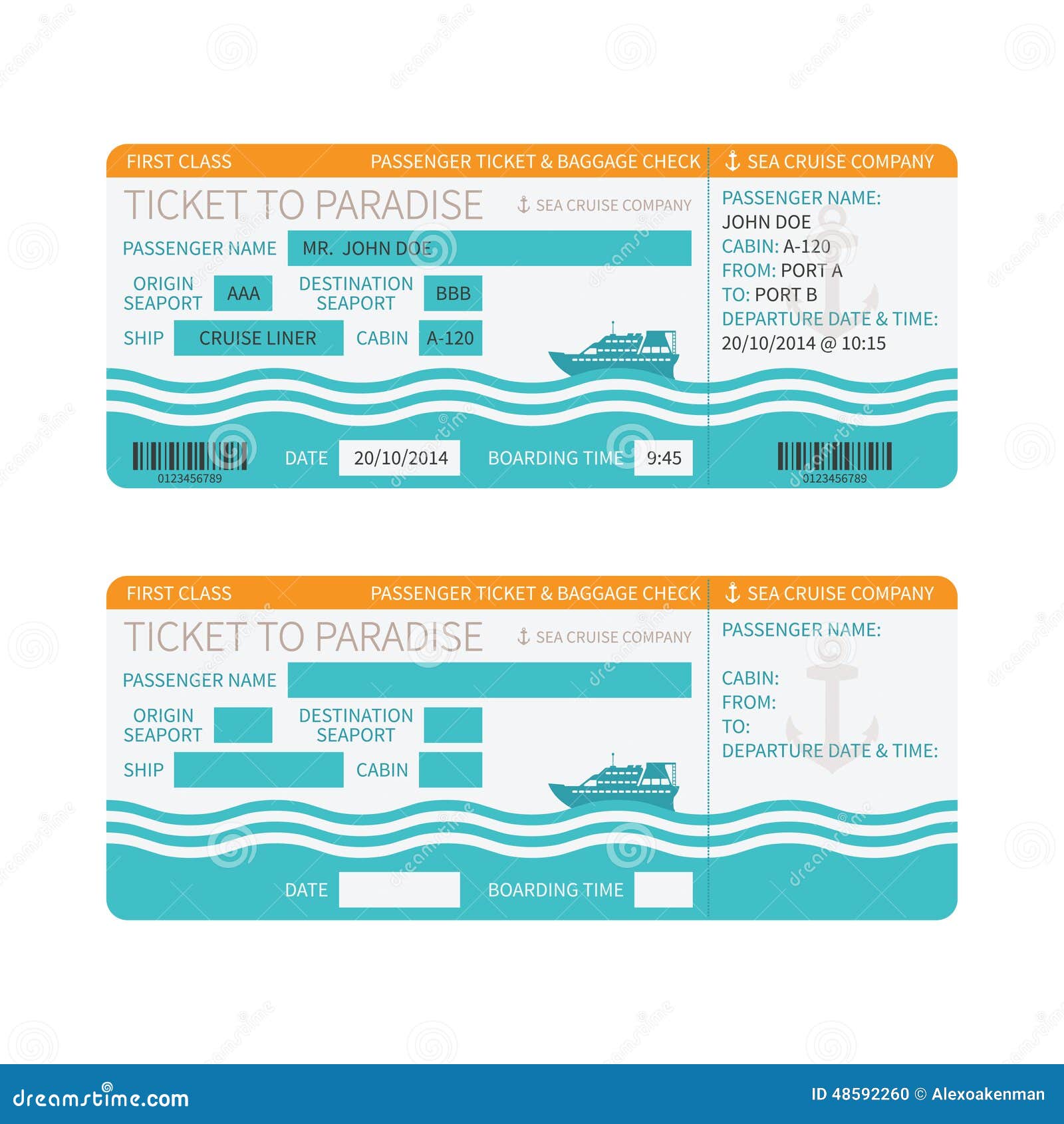 sea cruise ship boarding pass or ticket template