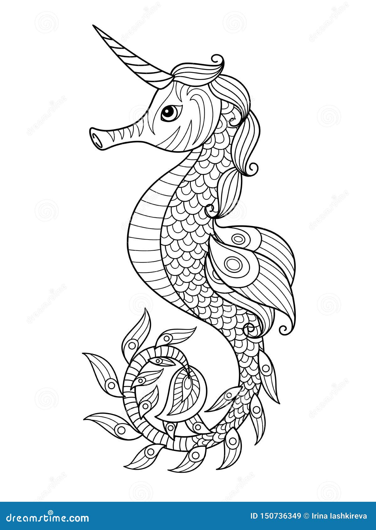 Sea Doodle Coloring Book Page Unicorn Seahorse Stock