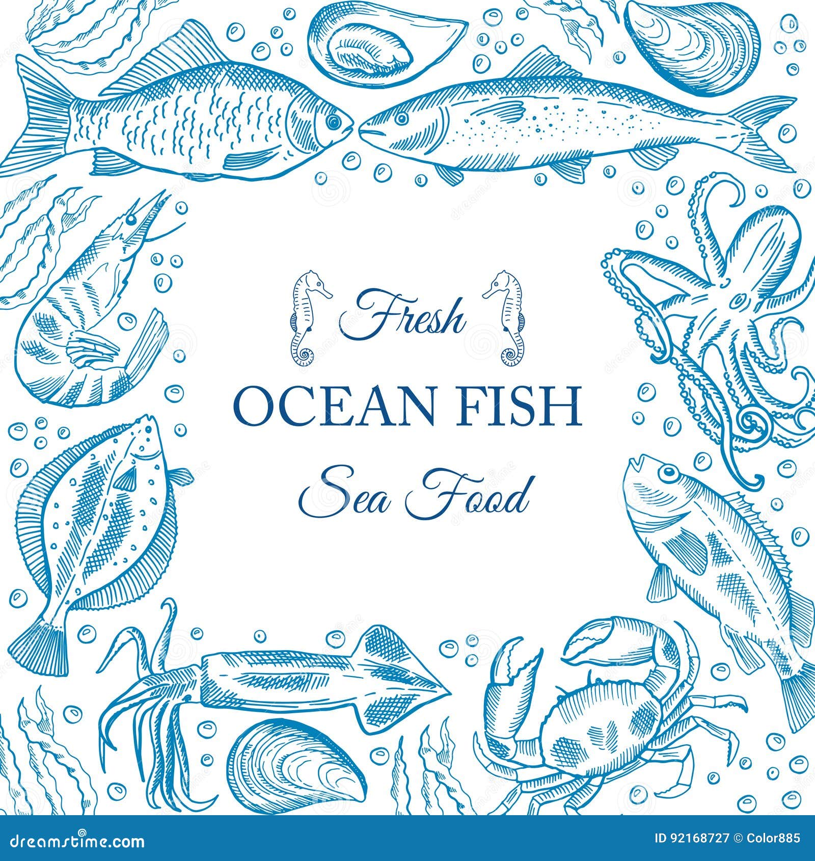 Fish restaurant menu design. Vintage seafood illustration.Vector fish menu  template. Hand drawn sea food sketch collection. Decorative fish  background. Stock Vector