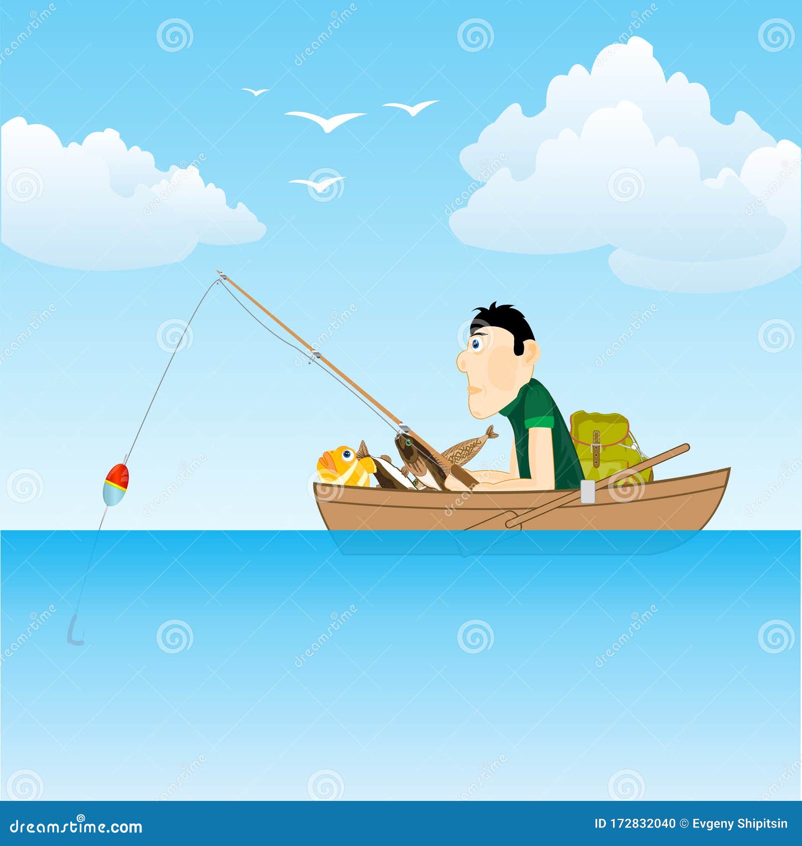 Sea and Fisherman in Boat Goes Fishing Stock Vector - Illustration