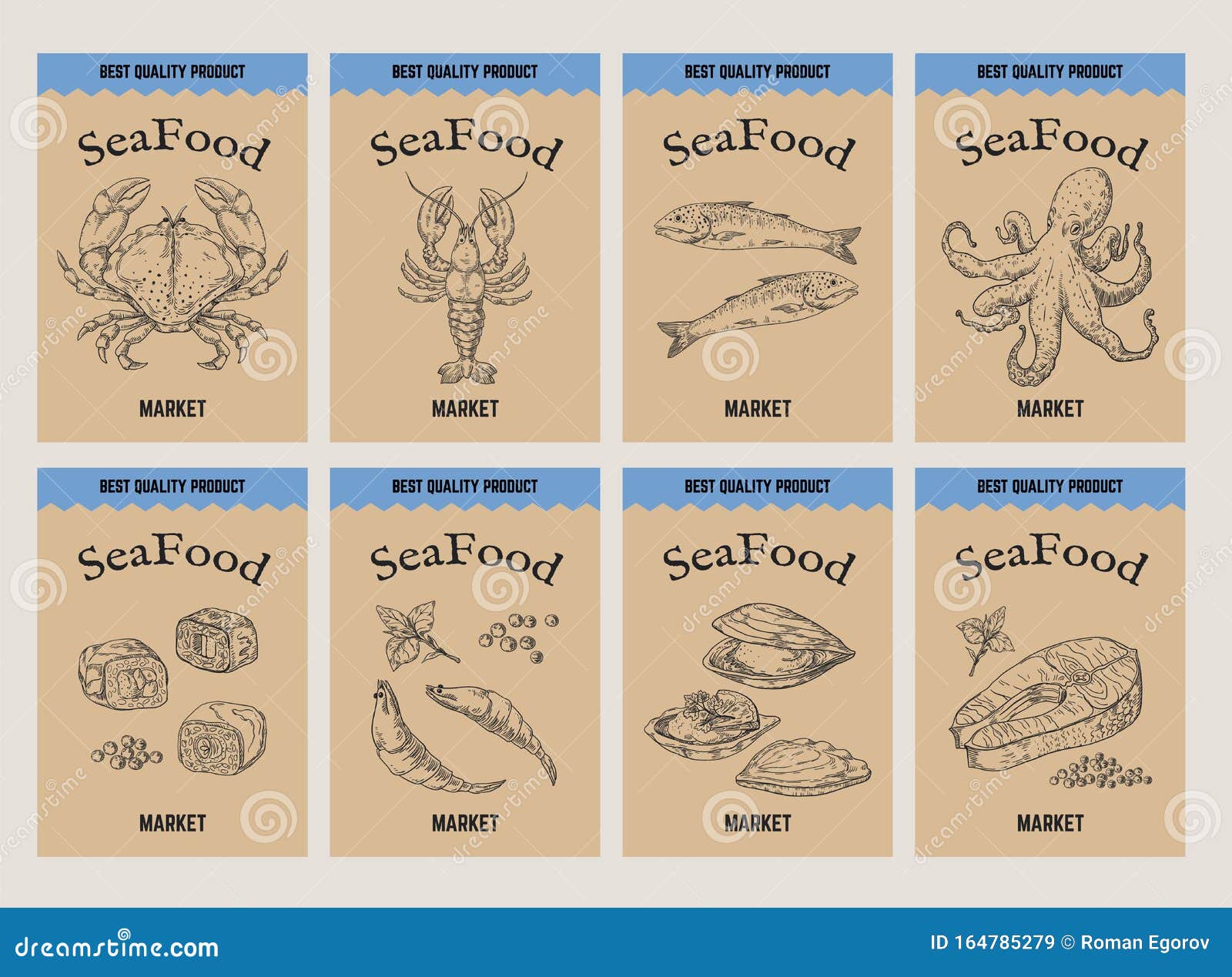 sea food banner. retro hand drawn labels price templates.  tags for shop or market. organic food 
