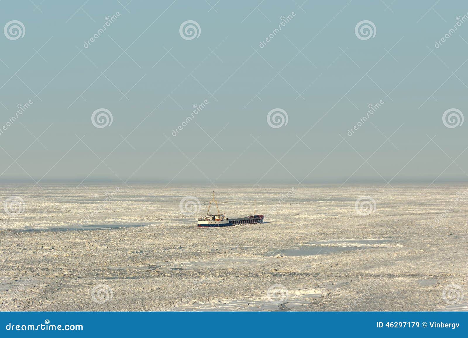 Sea ice stranded ship. Waiting icebreaker to free them from the ice.