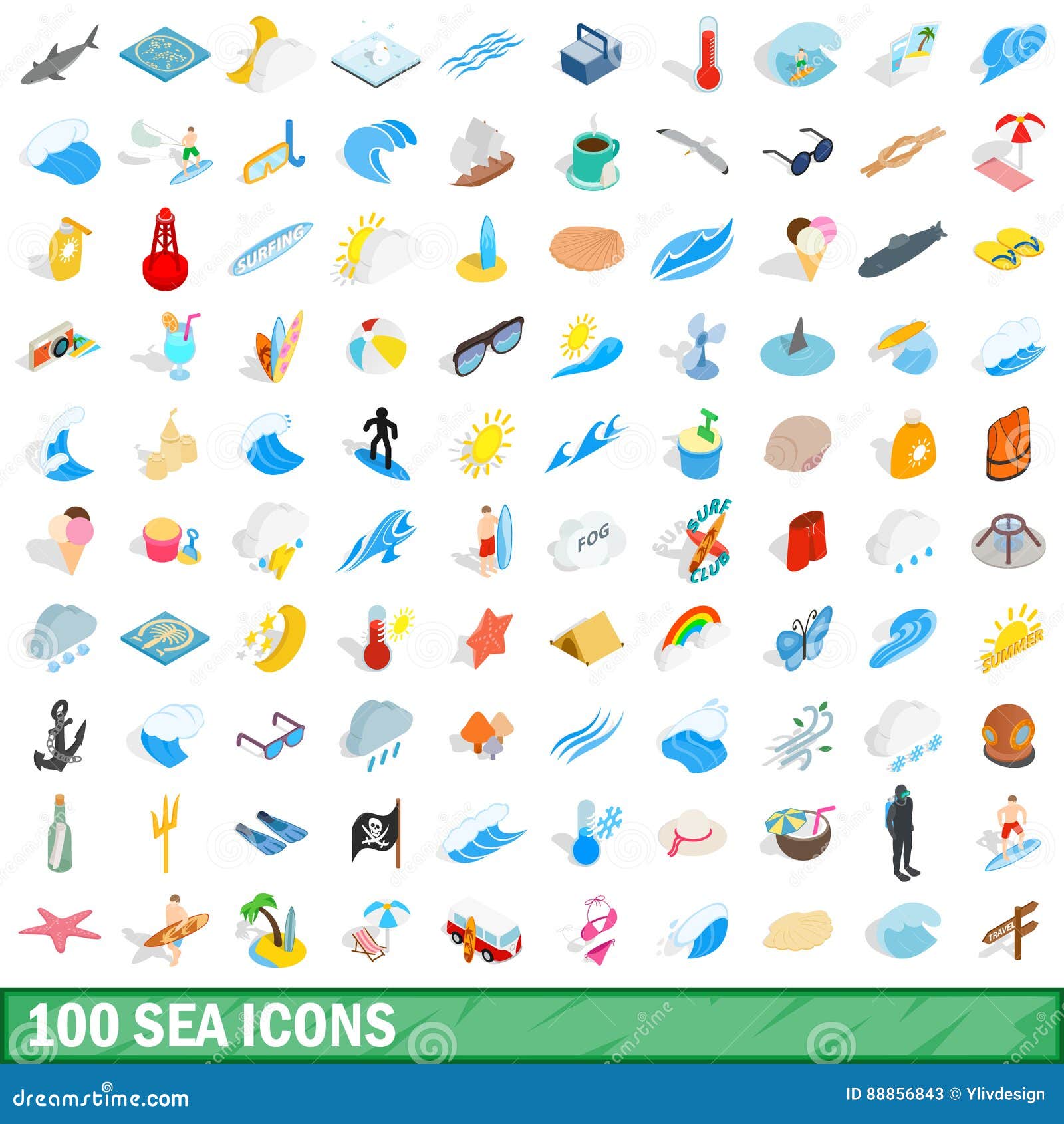 100 sea icons set, isometric 3d style