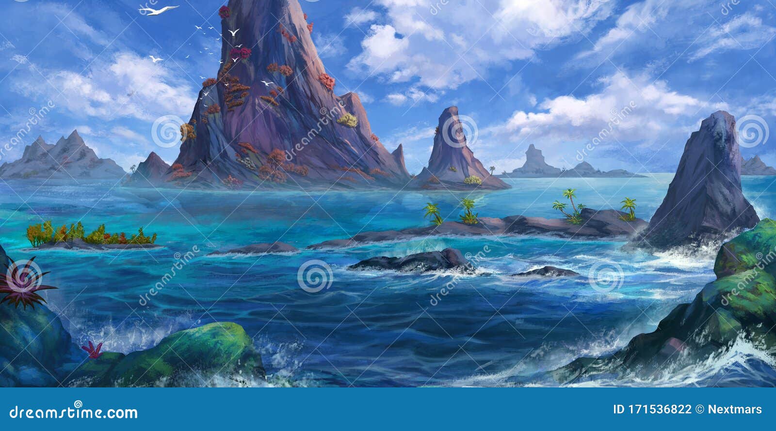Sea Island, Mountain. Fantasy Backdrop. Concept Art Stock Illustration -  Illustration of design, concept: 171536822