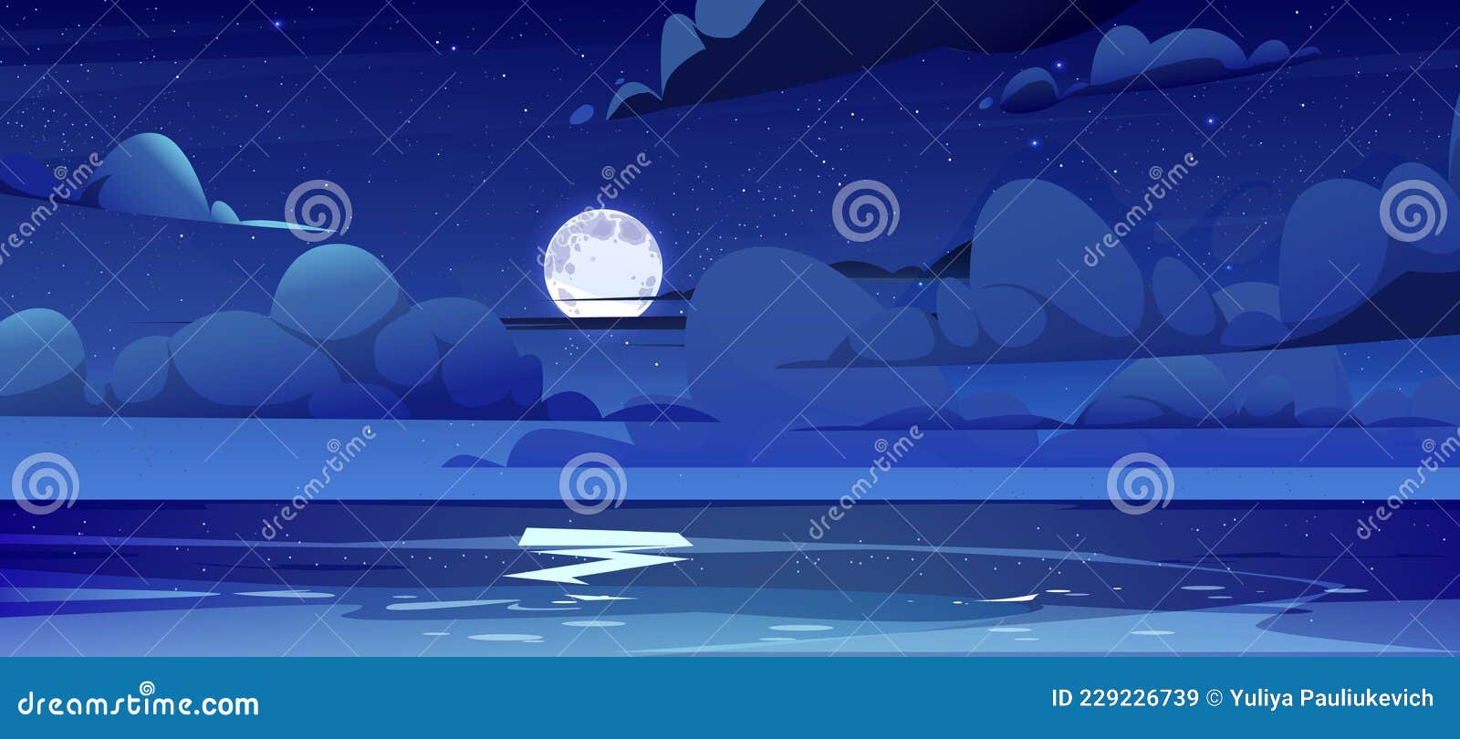 Sea Landscape with Moon in Sky at Night Stock Vector - Illustration of ...