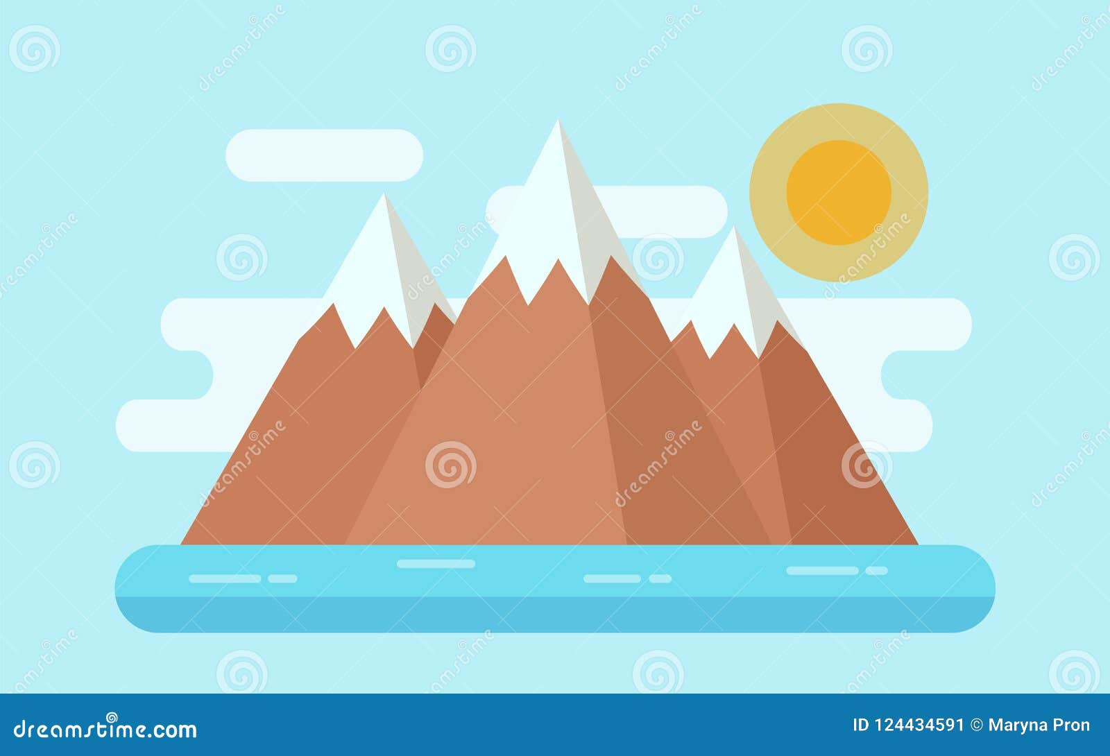 Sea Landscape With Snow Mountains, Island. Vector Flat Illustration