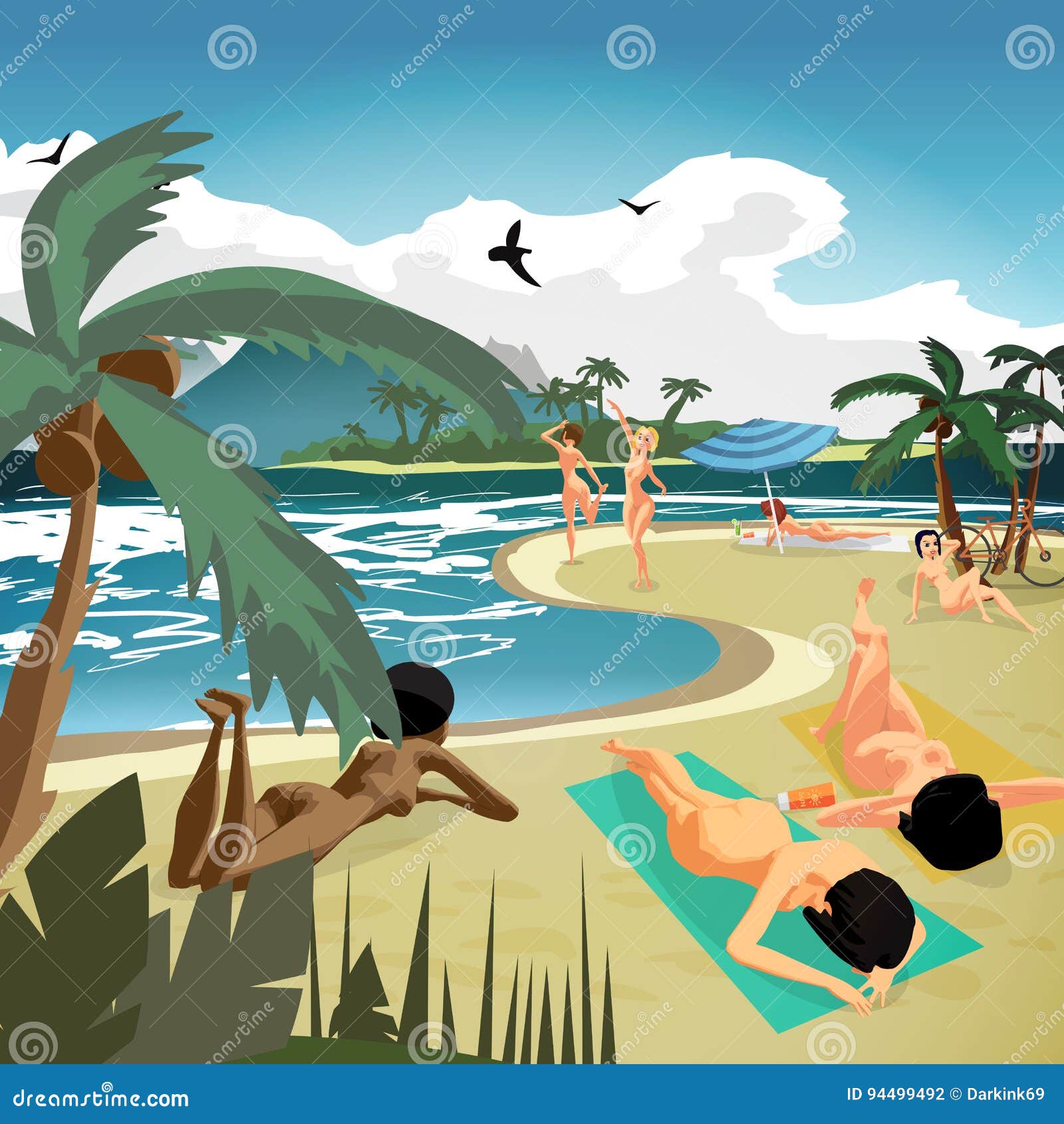 https://thumbs.dreamstime.com/z/sea-landscape-summer-private-beach-young-nude-women-sunbathing-lying-sand-vector-flat-cartoon-illustration-94499492.jpg