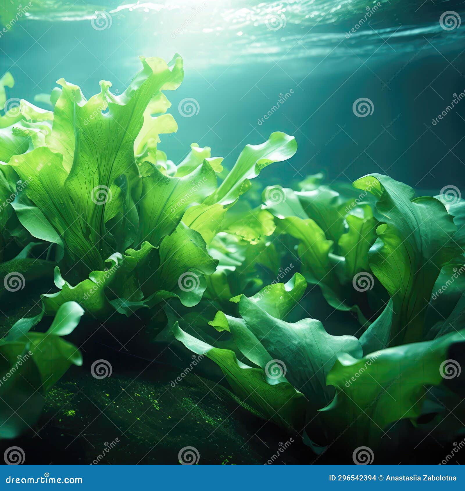 Sea Lettuce Swaying Underwater, Closeup. Generative AI Stock
