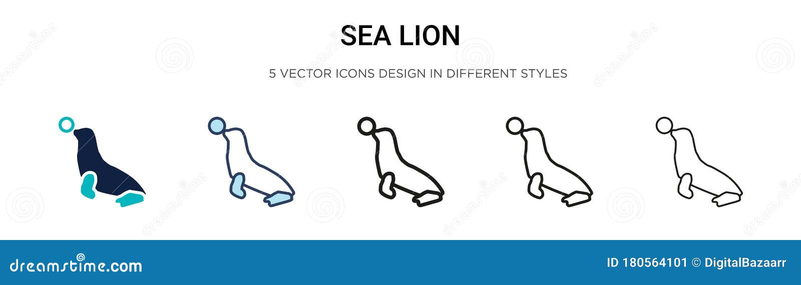 sea lion icon in filled, thin line, outline and stroke style.   of two colored and black sea lion  icons