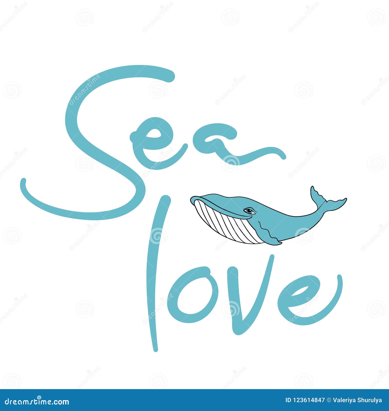 Sea Love Lettering Phrase with Blue Whale Illustration, Vector ...