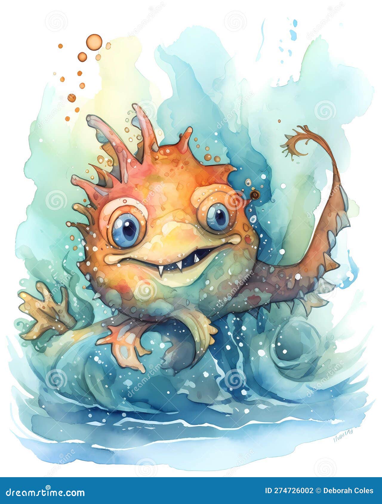 ugly but cute cartoon sea monster, water color childrens  in bright colors
