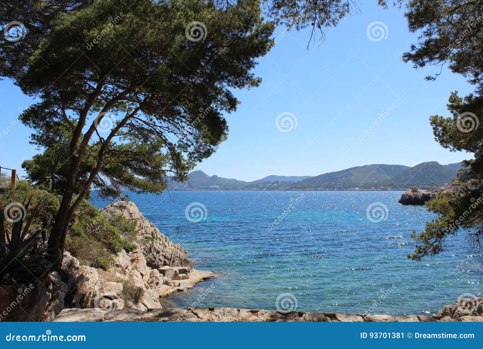 Sea and mountain view in North Mallorca. sea view in a blue sky with trees, mountains and rocks in North Mallorca