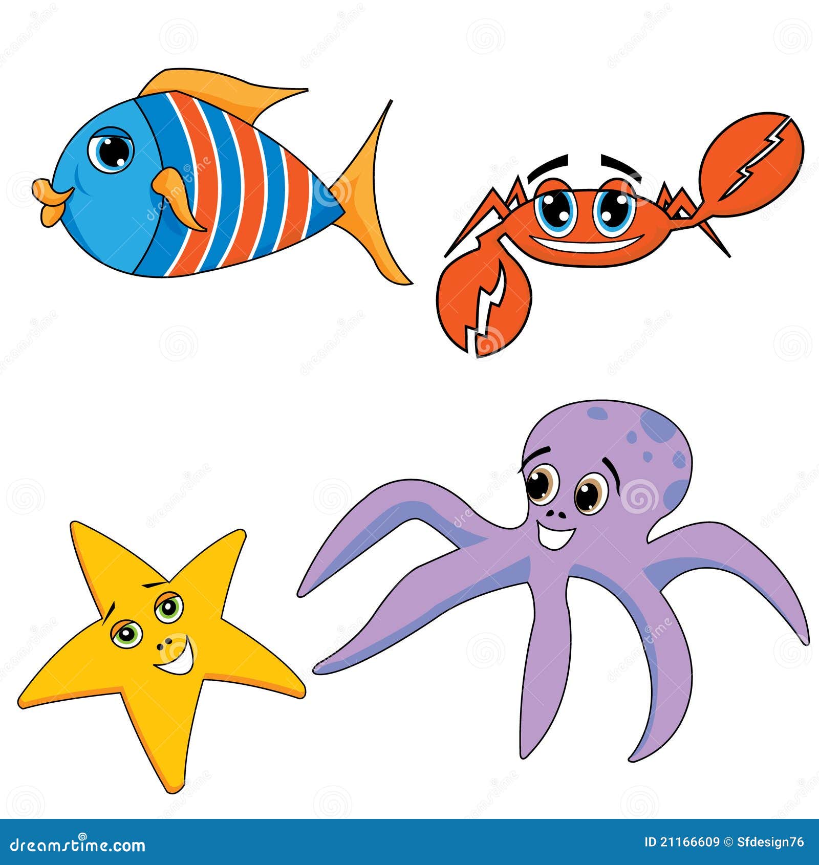 Set Of Sea And Ocean Animals, Plants And Seashells. Collection Of