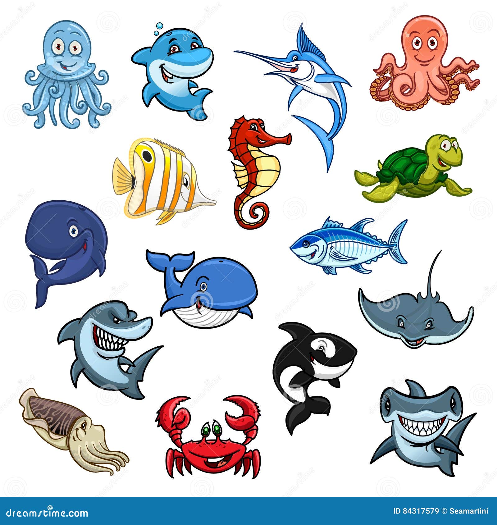 Sea and Ocean Animals, Fish Cartoon Icons Stock Vector - Illustration of  blue, cuttlefish: 84317579