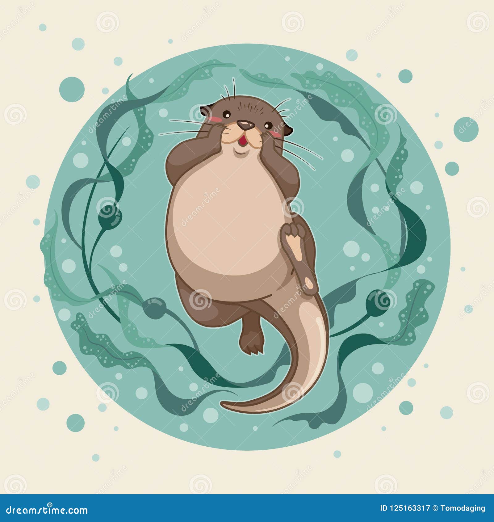 Sea Otter Floating On Water With Kelp Forest Vector Illustration ...