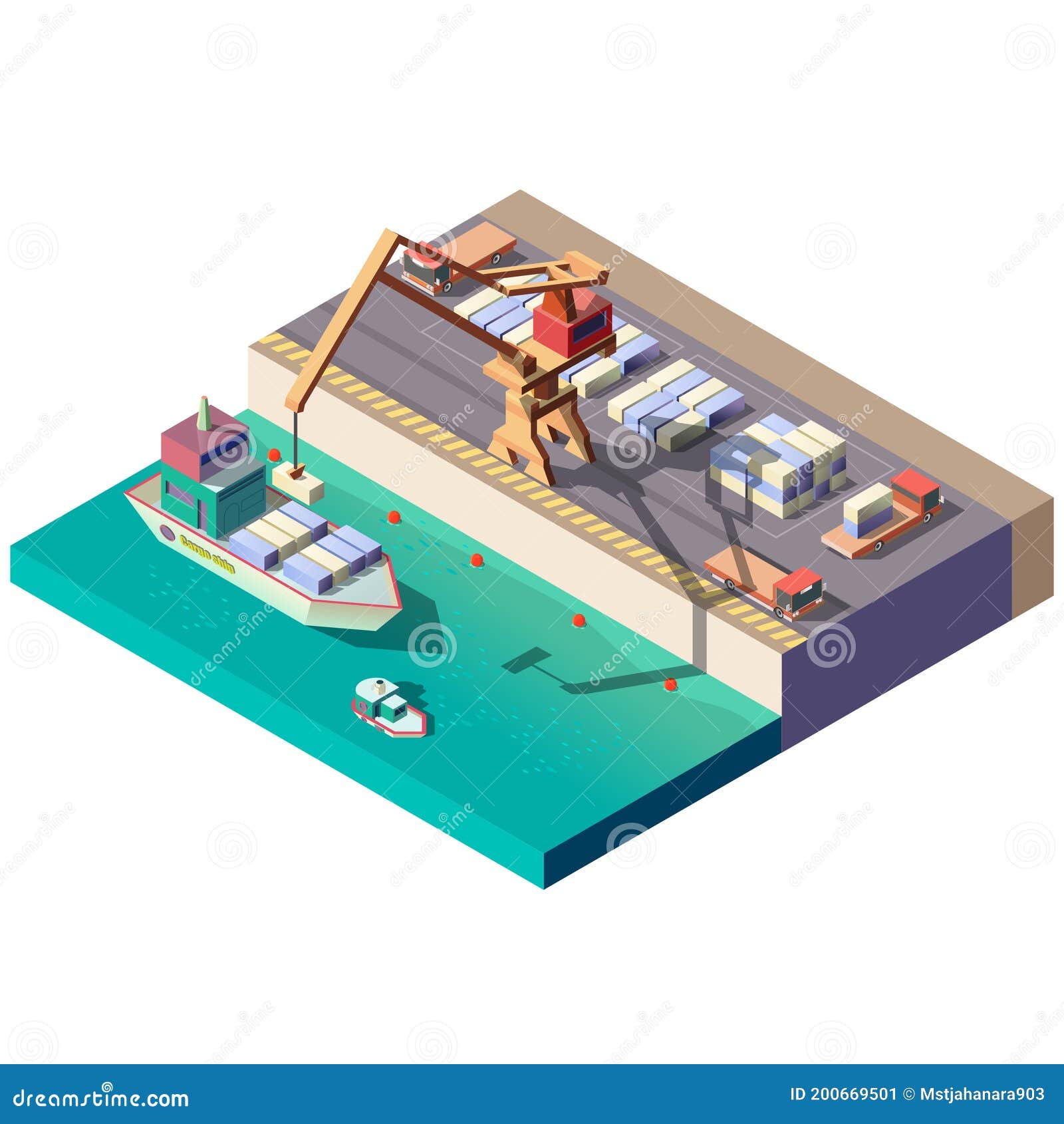 Cargo Ship Unloading In Seaport Isometric Vector Stock Vector