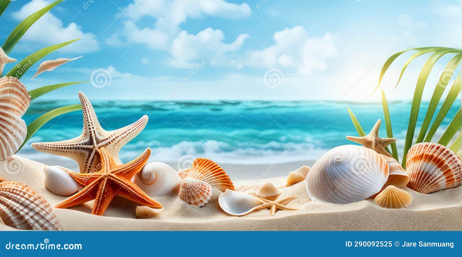 sea sand beach with seashells starfish suncare mockup templat.generative ai.