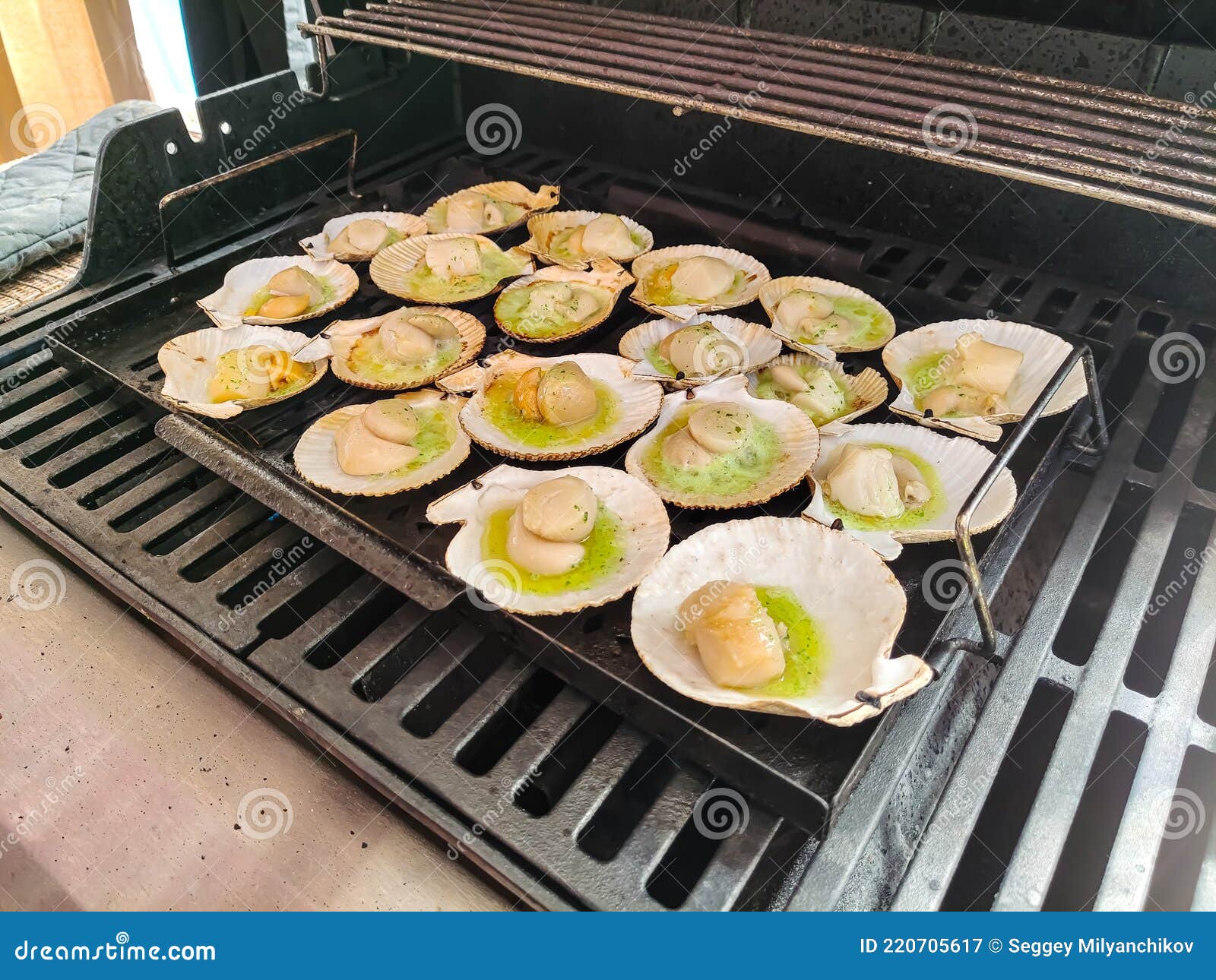Sea Scallops in Shells are Grilled on the Grill Stock Image Image of