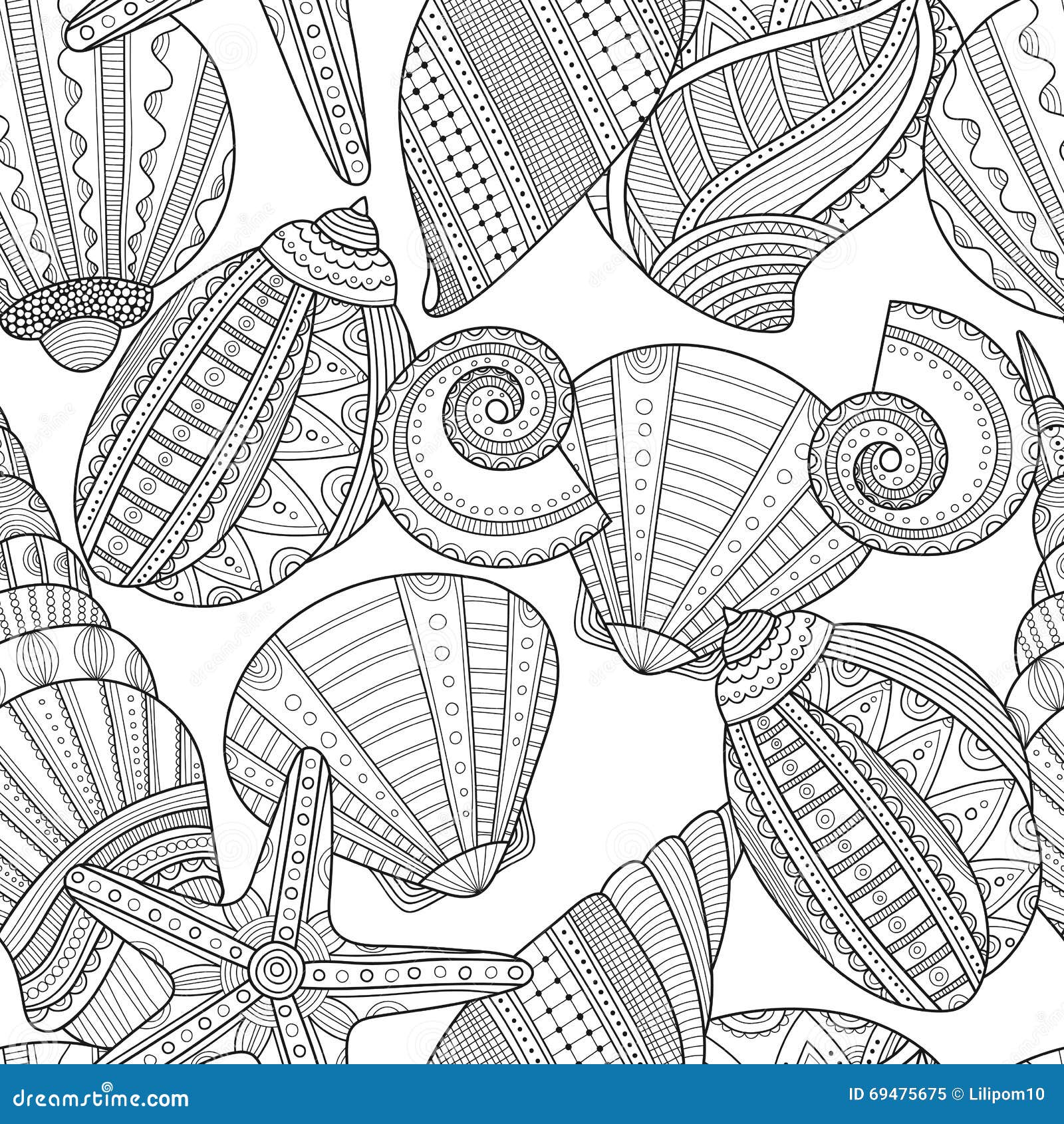 Sea shells Black and white seamless pattern for coloring book Royalty Free Stock