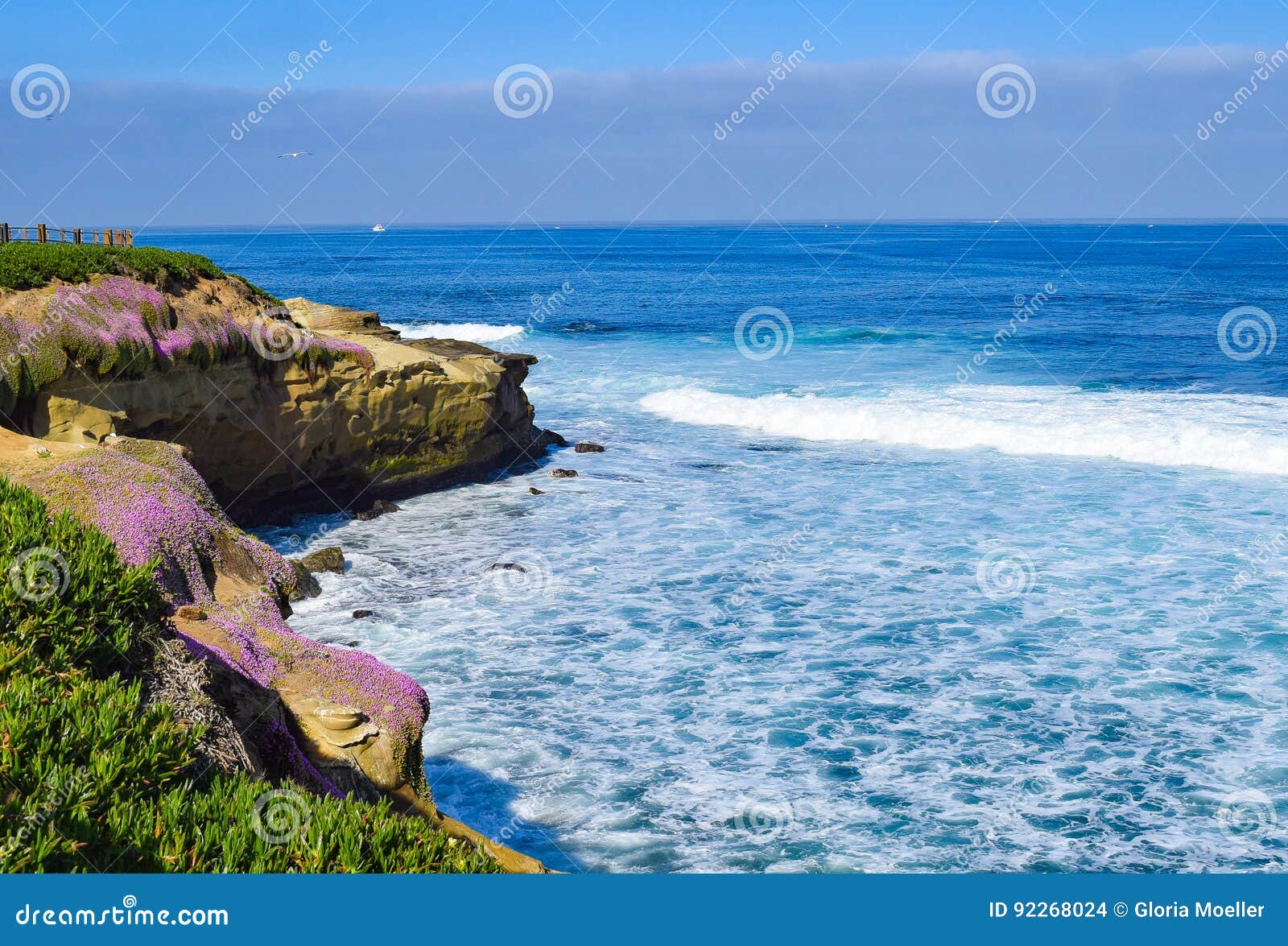 Sea, Sky, and Flowering Cliffs at La Jolla Cove in San Diego, California. The cliffs at La Jolla Cove in San Diego, California are coated in purple in the springtime.