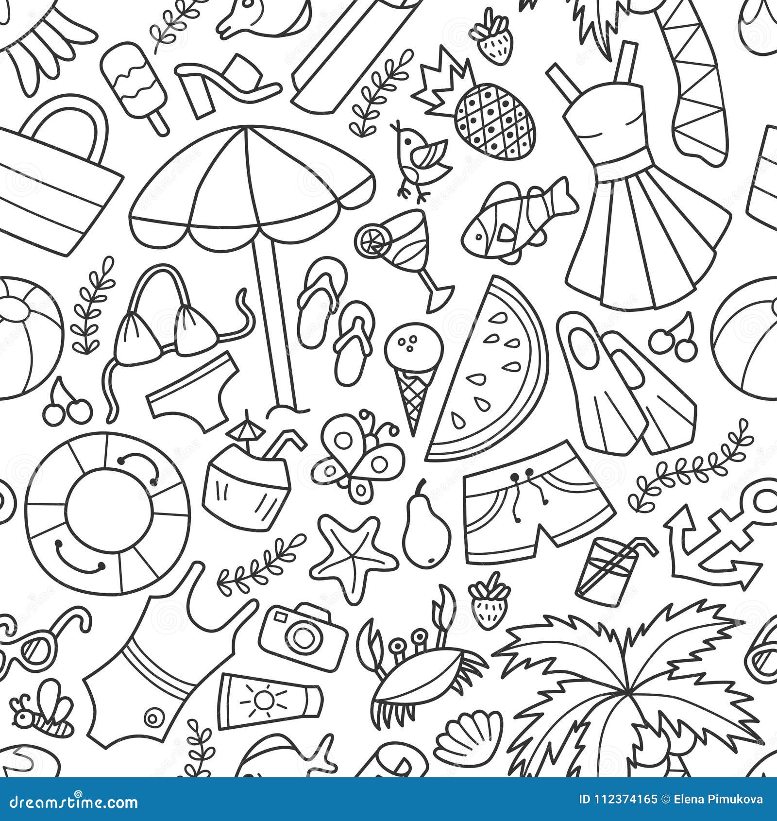 Sea and Summer. Seamless Pattern in Doodle and Cartoon Style. Outline ...