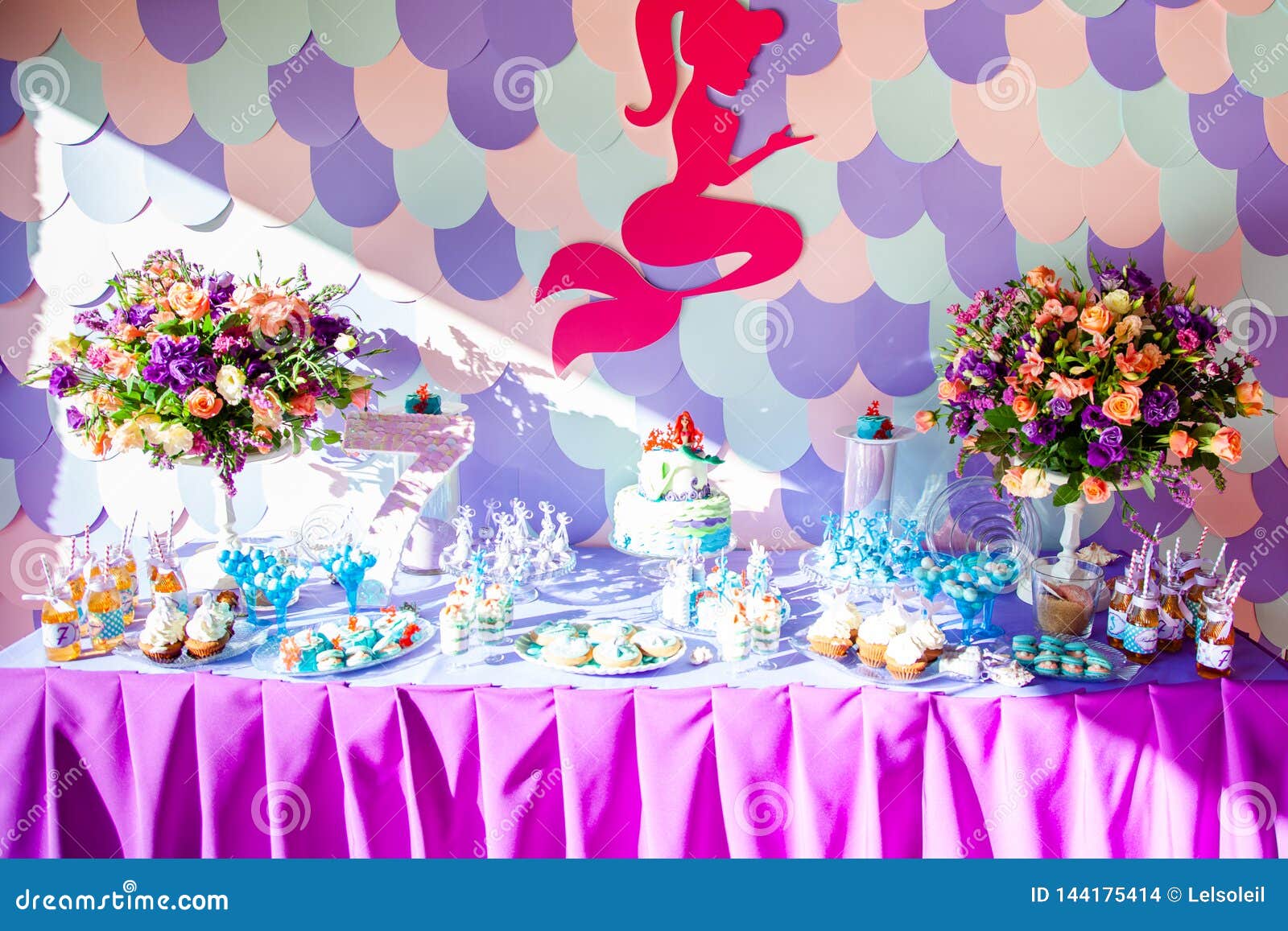 Sea Time Mermaid Theme on the Party`s Candy Bar with Purple Background.  Birthday Party for Girls, Teens Editorial Stock Image - Image of  celebration, multicolored: 144175414